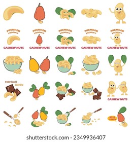 Abstract vector illustration logo of whole ripe brown cashew nuts, cut sliced, hazel product background. Cashew nuts pattern consisting of labels, half of peeled nutlets, nutshells. Eat cashews.