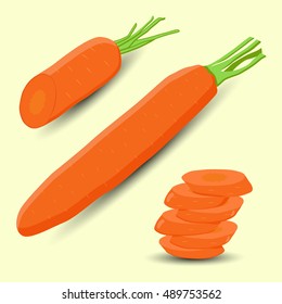 Abstract vector illustration logo for whole ripe vegetable yellow carrot, green stem leaf, cut slice on background.Carrot pattern consisting of tag label,peel fruits,ripe sweet food.Eat fresh carrots.