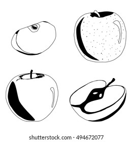 Abstract vector illustration logo whole ripe fruit black apple, green stem leaf,cut sliced on background. Apple pattern consisting of tag label,peel fruits,ripe sweet food.Eat fresh apples on health.