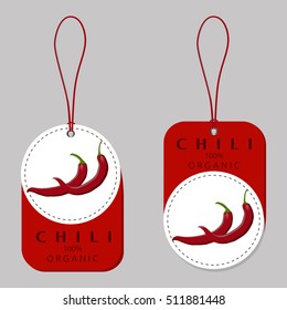 Abstract vector illustration logo whole ripe vegetable red hot chili pepper,green stem,cut sliced,background. Chili pattern consisting of tag label,Pepper hots food.Eat fresh chilis peppers on health.