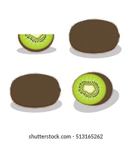 Abstract vector illustration logo for whole ripe fruit kiwi, green stem leaf, cut sliced kiwifruit, background. Kiwi pattern consisting of label peel fruits, kiwifruits sweet food. Eat fresh kiwis.