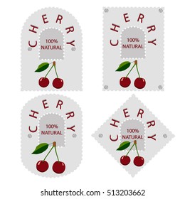Abstract vector illustration of logo for whole ripe fruit red cherry with green leaf,cut sliced,natural berry,background. Cherry pattern consisting of tag,label,ripe food.Cherries berries fresh juicy.