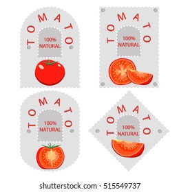 Abstract vector illustration logo whole ripe vegetable red tomato, green stem leaf, half cut sliced. Tomato pattern consisting of tag label, peel fruits ripe sweet food. Eat fresh tomatoes on health.
