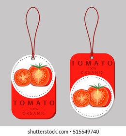 Abstract vector illustration logo whole ripe vegetable red tomato, green stem leaf, half cut sliced. Tomato pattern consisting of tag label, peel fruits ripe sweet food. Eat fresh tomatoes on health.