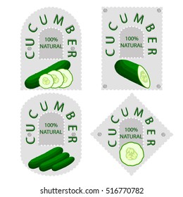 Abstract vector illustration logo for whole ripe green vegetable cucumber, round slice meal. Cucumber pattern consisting of label vegetables, long raw food, sweet seed. Eat fresh cucumbers on health.