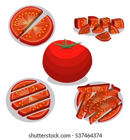 Abstract vector illustration logo whole ripe vegetable red tomato, green stem leaf, half cut sliced. Tomato pattern consisting of tag label, peel fruits ripe sweet food. Eat fresh tomatoes on health.