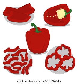 Abstract vector illustration logo whole ripe vegetables pepper green stem leaf, cut sliced on background. Pepper pattern consisting of tag label fruits, pip ripe sweet food. Eat fresh Bulgarian pepper