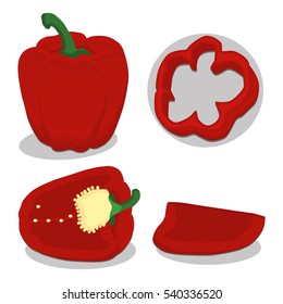 Abstract vector illustration logo whole ripe vegetables pepper green stem leaf, cut sliced on background. Pepper pattern consisting of tag label fruits, pip ripe sweet food. Eat fresh Bulgarian pepper