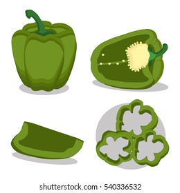 Abstract vector illustration logo whole ripe vegetables pepper green stem leaf, cut sliced on background. Pepper pattern consisting of tag label fruits, pip ripe sweet food. Eat fresh Bulgarian pepper