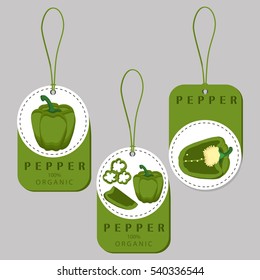Abstract vector illustration logo whole ripe vegetables pepper green stem leaf, cut sliced on background. Pepper pattern consisting of tag label fruits, pip ripe sweet food. Eat fresh Bulgarian pepper
