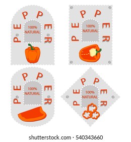 Abstract vector illustration logo whole ripe vegetables pepper green stem leaf, cut sliced on background. Pepper pattern consisting of tag label fruits, pip ripe sweet food. Eat fresh Bulgarian pepper