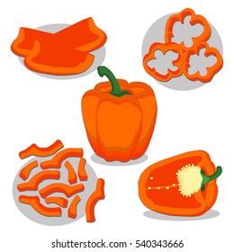 Abstract vector illustration logo whole ripe vegetables pepper green stem leaf, cut sliced on background. Pepper pattern consisting of tag label fruits, pip ripe sweet food. Eat fresh Bulgarian pepper