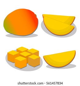Abstract vector illustration logo for whole exotic fruit red mango with green stem leaf, cut sliced. Mango pattern consisting of tag label peel fruits, icon ripe sweet food.Eat freshest exotic mangoes