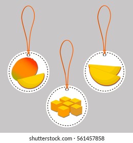 Abstract vector illustration logo for whole exotic fruit red mango with green stem leaf, cut sliced. Mango pattern consisting of tag label peel fruits, icon ripe sweet food.Eat freshest exotic mangoes