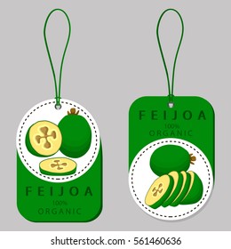 Abstract vector illustration logo for whole ripe fruit feijoa,green stem leaf,cut sliced,background.Feijoa pattern consisting of tag label,peel fruits,pip ripe sweet food.Eat fresh feijoaes in health.