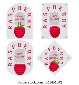 Abstract vector illustration logo for whole ripe red berry raspberry with green stem leaf, cut slice. Raspberry pattern consisting of label fruits, icon ripe sweet food. Eat fresh berries raspberries.