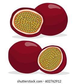 Abstract vector illustration logo whole ripe exotic passion fruit, cut half sliced. Passion Fruit pattern consisting of label natural, icon sweet food. Eat fresh raw organic passions fruits on health.