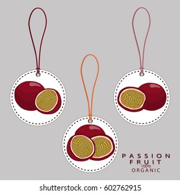 Abstract vector illustration logo whole ripe exotic passion fruit, cut half sliced. Passion Fruit pattern consisting of label natural, icon sweet food. Eat fresh raw organic passions fruits on health.