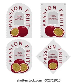 Abstract vector illustration logo whole ripe exotic passion fruit, cut half sliced. Passion Fruit pattern consisting of label natural, icon sweet food. Eat fresh raw organic passions fruits on health.