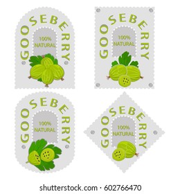 Abstract vector illustration logo for whole ripe berry gooseberry,green stem leaf, cut half background. Gooseberry pattern consisting of label,natural sweet food. Eat fresh organic fruit gooseberries.