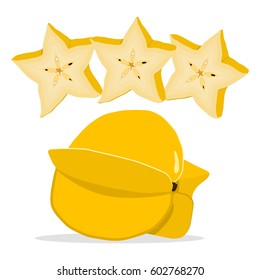 Abstract vector illustration logo whole ripe fruit yellow carambola, cut half sliced in background.Carambola pattern consisting of tag label,natural sweet food.Eat fresh raw organic fruits carambolas.