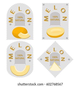 Abstract vector illustration logo for whole ripe fruit yellow melon, cut half sliced cantaloupe, background. Melon pattern consisting of label natural sweet food. Eat fresh raw organic fruits melons.