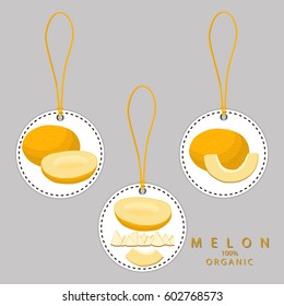 Abstract vector illustration logo for whole ripe fruit yellow melon, cut half sliced cantaloupe, background. Melon pattern consisting of label natural sweet food. Eat fresh raw organic fruits melons.