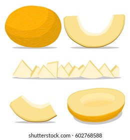 Abstract vector illustration logo for whole ripe fruit yellow melon, cut half sliced cantaloupe, background. Melon pattern consisting of label natural sweet food. Eat fresh raw organic fruits melons.