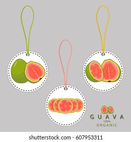 Abstract vector illustration logo for whole ripe fruit red guava, cut half sliced close-up. Guava pattern consisting of label, natural sweet food juice. Eat fresh raw organic exotic fruits guavas.