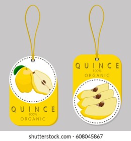 Abstract vector illustration logo for whole ripe yellow fruit quince, green stem leaf, cut half, sliced pear. Quince pattern consisting of natural sweet food pears. Eat fresh tropical fruits quinces.