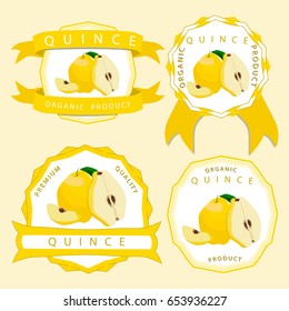 Abstract vector illustration logo for whole ripe yellow fruit quince, green stem leaf, cut half, sliced pear. Quince pattern consisting of natural sweet food pears. Eat fresh tropical fruits quinces.