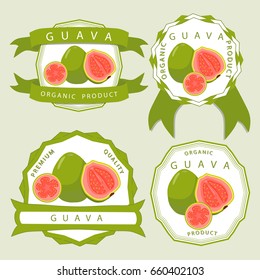 Abstract vector illustration logo for whole ripe fruit red guava, cut half sliced close-up. Guava pattern consisting of label, natural sweet food juice. Eat fresh raw organic exotic fruits guavas.