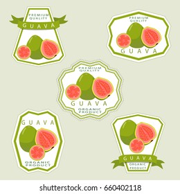 Abstract vector illustration logo for whole ripe fruit red guava, cut half sliced close-up. Guava pattern consisting of label, natural sweet food juice. Eat fresh raw organic exotic fruits guavas.