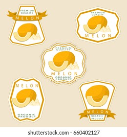Abstract vector illustration logo for whole ripe fruit yellow melon, cut half sliced cantaloupe, background. Melon pattern consisting of label natural sweet food. Eat fresh raw organic fruits melons.