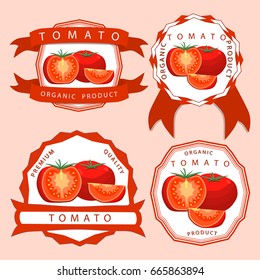 Abstract vector illustration logo whole ripe vegetable red tomato, green stem leaf, half cut sliced. Tomato pattern consisting of tag label, peel fruits ripe sweet food. Eat fresh tomatoes on health.