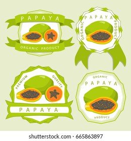 Abstract vector illustration logo whole ripe fruit papaya,green stem leaf,cut sliced,background. Papaya pattern consisting of tag label,natural sweet food. Eat fresh raw organic fruits,exotic papayas.