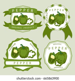 Abstract vector illustration logo whole ripe vegetables pepper green stem leaf, cut sliced on background. Pepper pattern consisting of tag label fruits, pip ripe sweet food. Eat fresh Bulgarian pepper