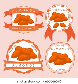 Abstract vector illustration logo whole ripe brown almond nut, cut sliced, product brazil background. Nut Almond pattern consisting of tag label, food peeled half nutlet,nutshell. Eating almonds nuts.