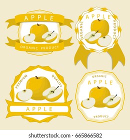Abstract vector illustration logo whole ripe fruit colors apple, green stem leaf,cut sliced on background. Apple pattern consisting of tag label,peel fruits,ripe sweet food.Eat fresh apples on health.