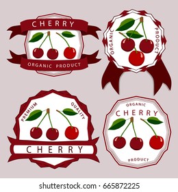 Abstract vector illustration of logo for whole ripe fruit red cherry with green leaf,cut sliced,natural berry,background. Cherry pattern consisting of tag,label,ripe food.Cherries berries fresh juicy.