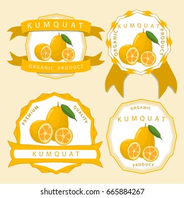 Abstract vector illustration logo for whole ripe fruit kumquat, pear green stem leaf,cut half,sliced cumquat. Kumquat pattern consisting of natural sweet food.Eat fresh tropical fruits kumquats,pears.