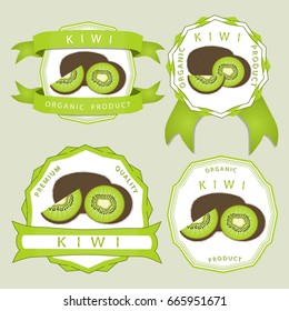 Abstract vector illustration logo for whole ripe fruit kiwi, green stem leaf, cut sliced kiwifruit, background. Kiwi pattern consisting of label peel fruits, kiwifruits sweet food. Eat fresh kiwis.