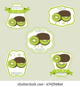 Abstract vector illustration logo for whole ripe fruit kiwi, green stem leaf, cut sliced kiwifruit, background. Kiwi pattern consisting of label peel fruits, kiwifruits sweet food. Eat fresh kiwis.