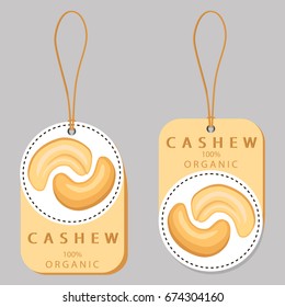 Abstract vector illustration logo whole ripe brown cashew nut, cut sliced, product hazel background. Nut Cashew drawing consisting of tag label, food peeled half nutlet, nutshell. Eating cashews nuts.