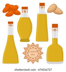Abstract vector illustration logo whole bottle,ripe brown almond nut, cut sliced, oil hazel. Nut Almond pattern of oil label, food peeled half nutlet, nutshell. Cooking on oily almonds nuts in bottles