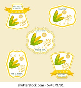 Abstract vector illustration logo whole ripe vegetable yellow corn, green stem leaf maize, cut sliced cob. Corn pattern consisting of peel grain cob, pip ripe sweet maizes. Eat fresh fruit corn cob.
