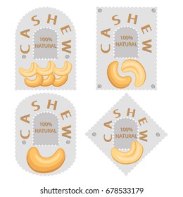 Abstract vector illustration logo whole ripe brown cashew nut, cut sliced, product hazel background. Nut Cashew pattern consisting of tag label, food peeled half nutlet, nutshell. Eating cashews nuts.