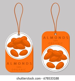 Abstract vector illustration logo whole ripe brown almond nut, cut sliced, product brazil background. Nut Almond pattern consisting of tag label, food peeled half nutlet,nutshell. Eating almonds nuts.