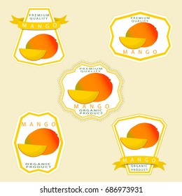Abstract vector illustration logo for whole exotic fruit red mango with green stem leaf, cut sliced. Mango pattern consisting of tag label peel fruits, icon ripe sweet food.Eat freshest exotic mangoes