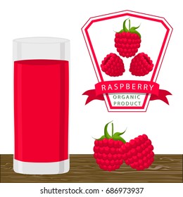 Abstract vector illustration logo for whole ripe red berry raspberry with green stem, cut slice. Raspberry pattern consisting of label fruits ripe sweet food. Drink juice berries raspberries in glass.